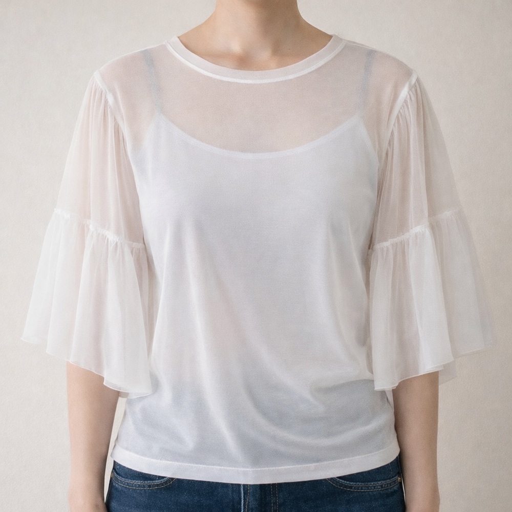 🇮🇹 IMPERIAL Sheer Tulle Overlay Top Pleated Sleeve White S